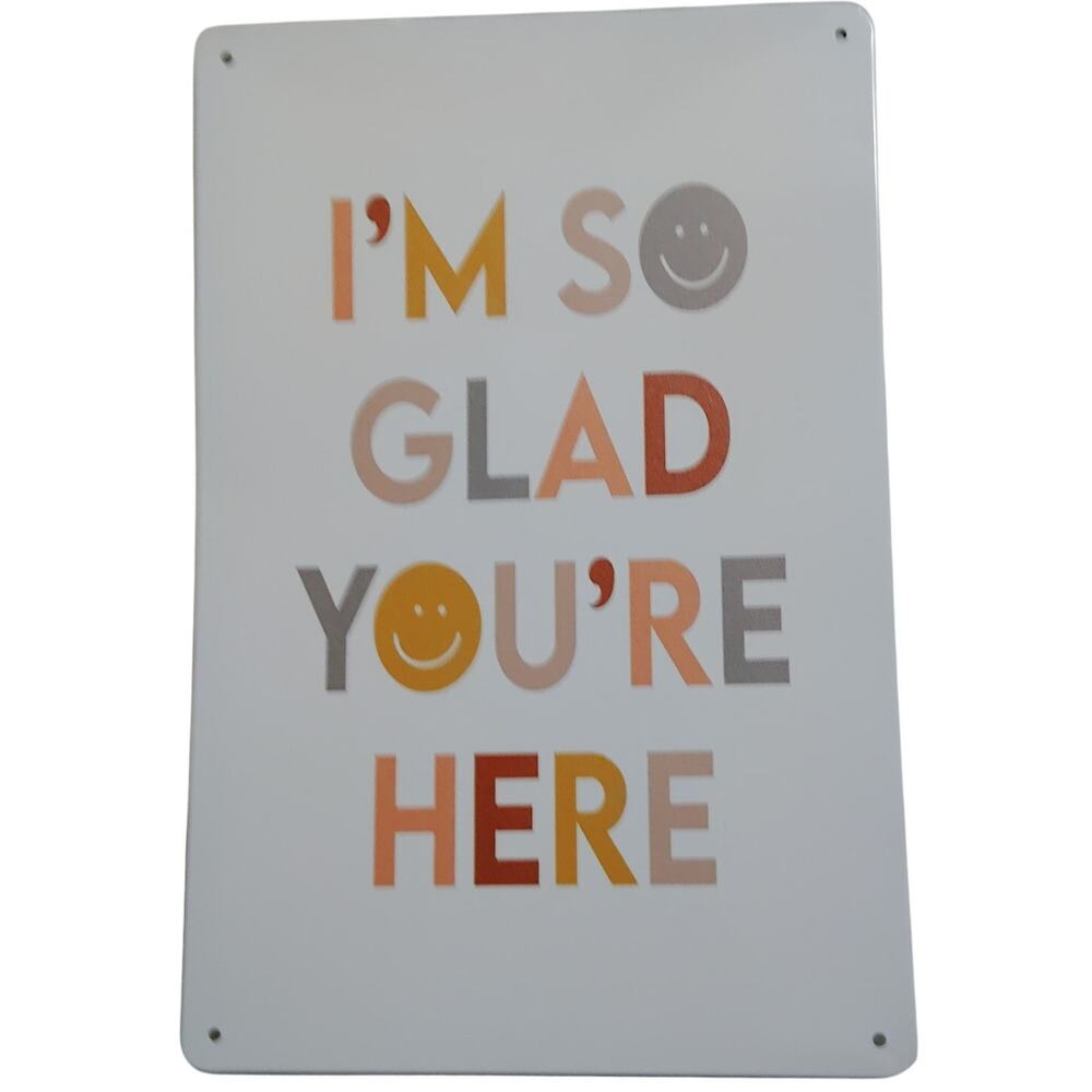 I’m So Glad You’re Here 8x12 Tin Sign – Whimsical Welcome Wall Art – Smiley Face